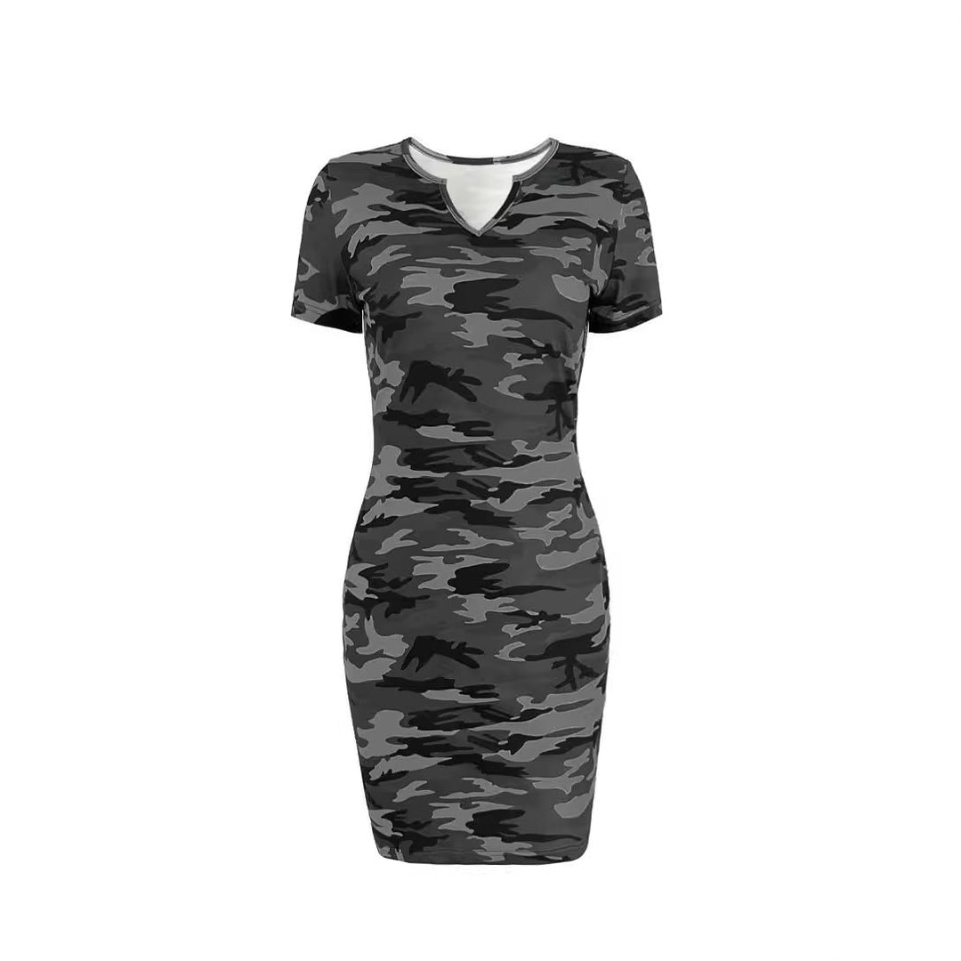 Damen figurbetontes camouflagemuster Kleid mit Kurzarm und V-Ausschnitt W&W Mode