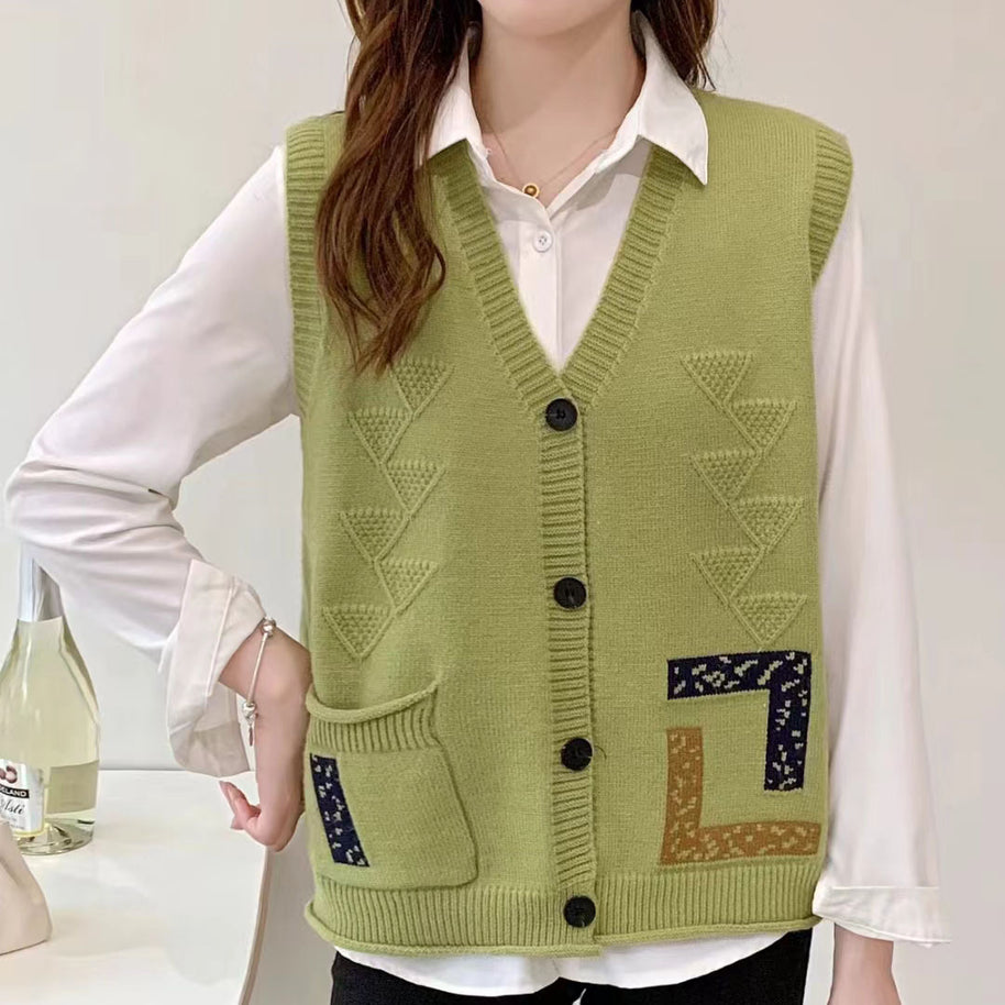 Damen Strickweste mit V-Ausschnitt und dekorativen Taschen WW