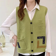 Damen Strickweste mit V-Ausschnitt und dekorativen Taschen WW