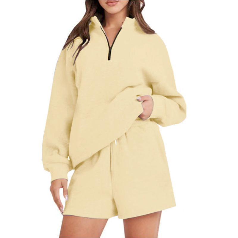 Damen bequemen Freizeit-Sweatanzug mit halbem Reißverschluss und Shorts WW