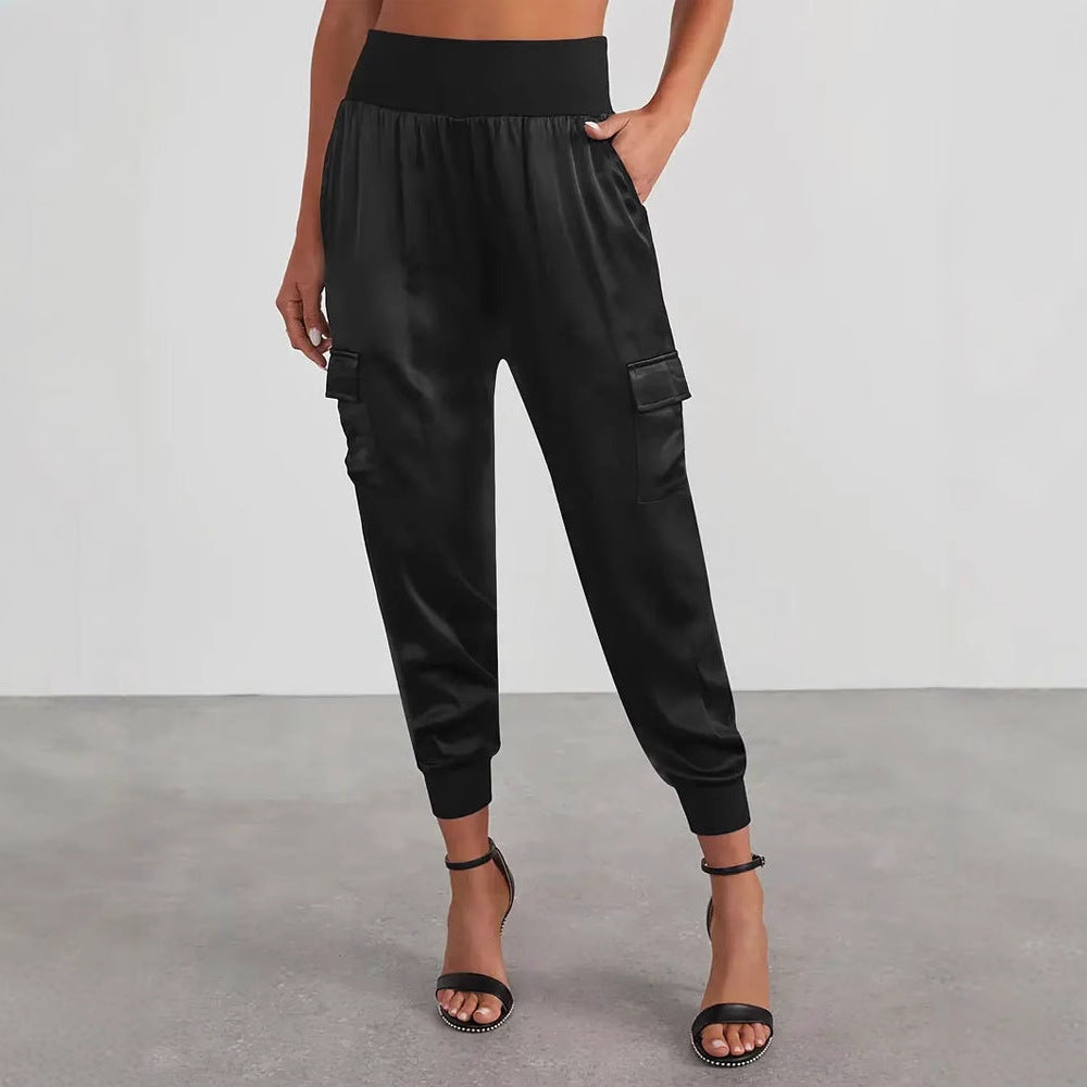 Damen Satin-Cargo-Hose mit elastischem Bund und praktischen Taschen W&W