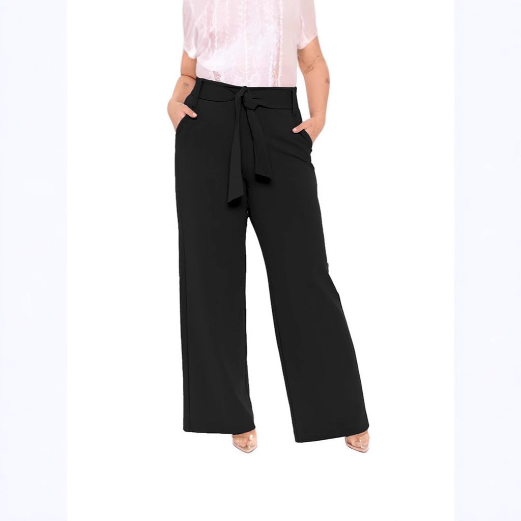 Damen weite Bundfaltenhose mit Taillengürtel und Eingrifftaschen WW