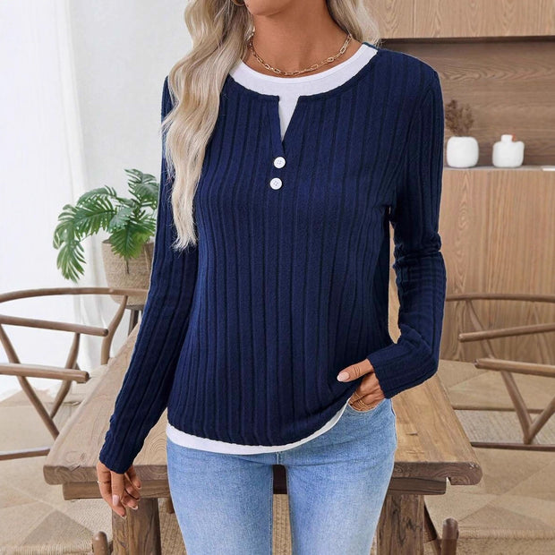 Damen Rippstrick Langarmshirt mit Knopfleiste WW