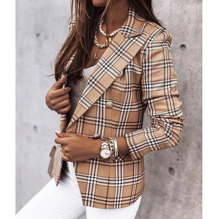 Damen Karierter Blazer mit Doppelreihiger Knopfleiste und Modernem Schnitt WW