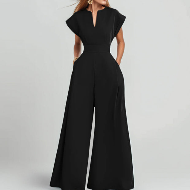 Damen Eleganter Jumpsuit mit weitem Bein und Schalkragen WW