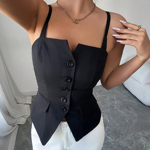 Damen ärmelloses Blusentop mit tailliertem Schnitt und Knopfdetails WW