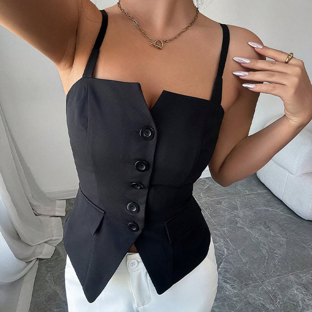 Damen ärmelloses Blusentop mit tailliertem Schnitt und Knopfdetails WW