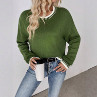 Damen Bequemer Strickpullover mit modischem Rundhalsausschnitt und farblich abgesetzten Details WW