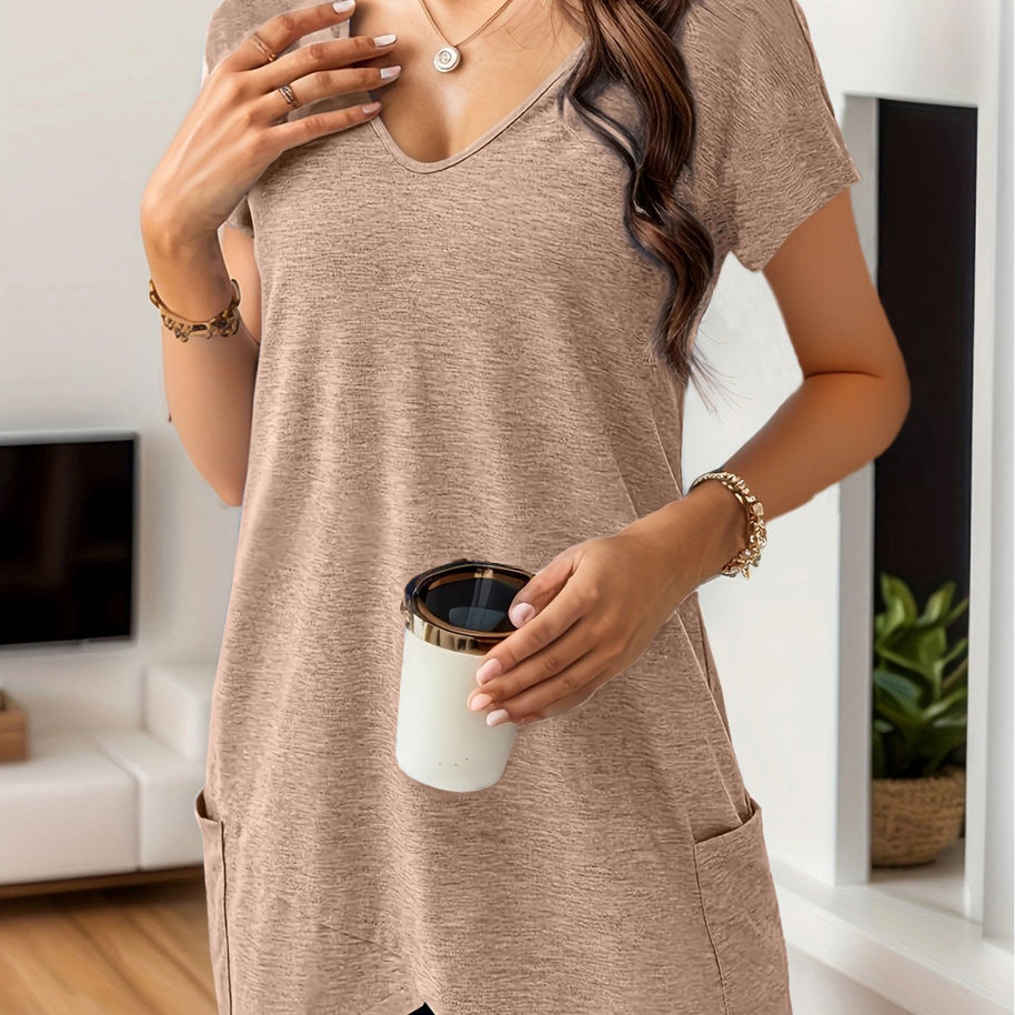 Damen Bequemes V-Ausschnitt T-Shirt mit praktischen Taschen WW