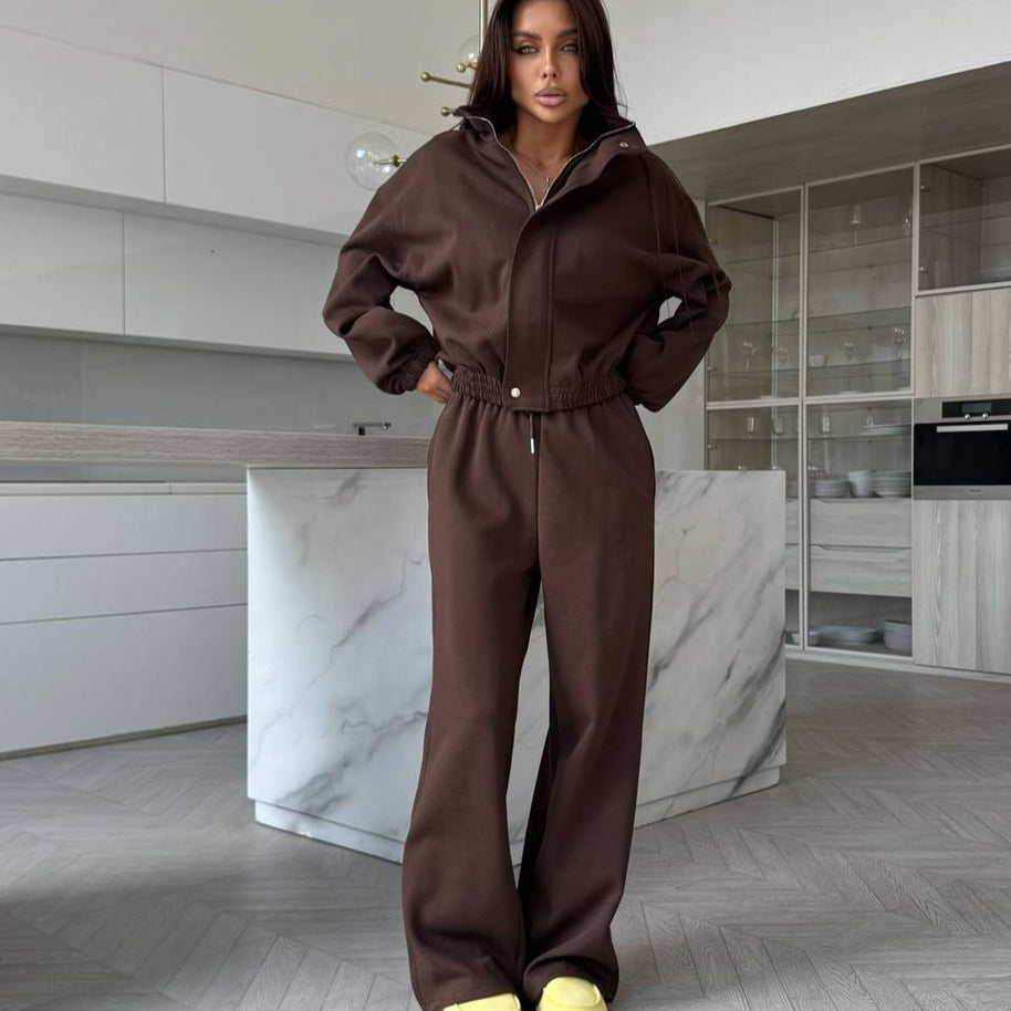 Damen sportlicher Fleece-Zweiteiler mit modernem Stehkragen und elastischem Bund WW