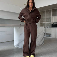 Damen sportlicher Fleece-Zweiteiler mit modernem Stehkragen und elastischem Bund WW