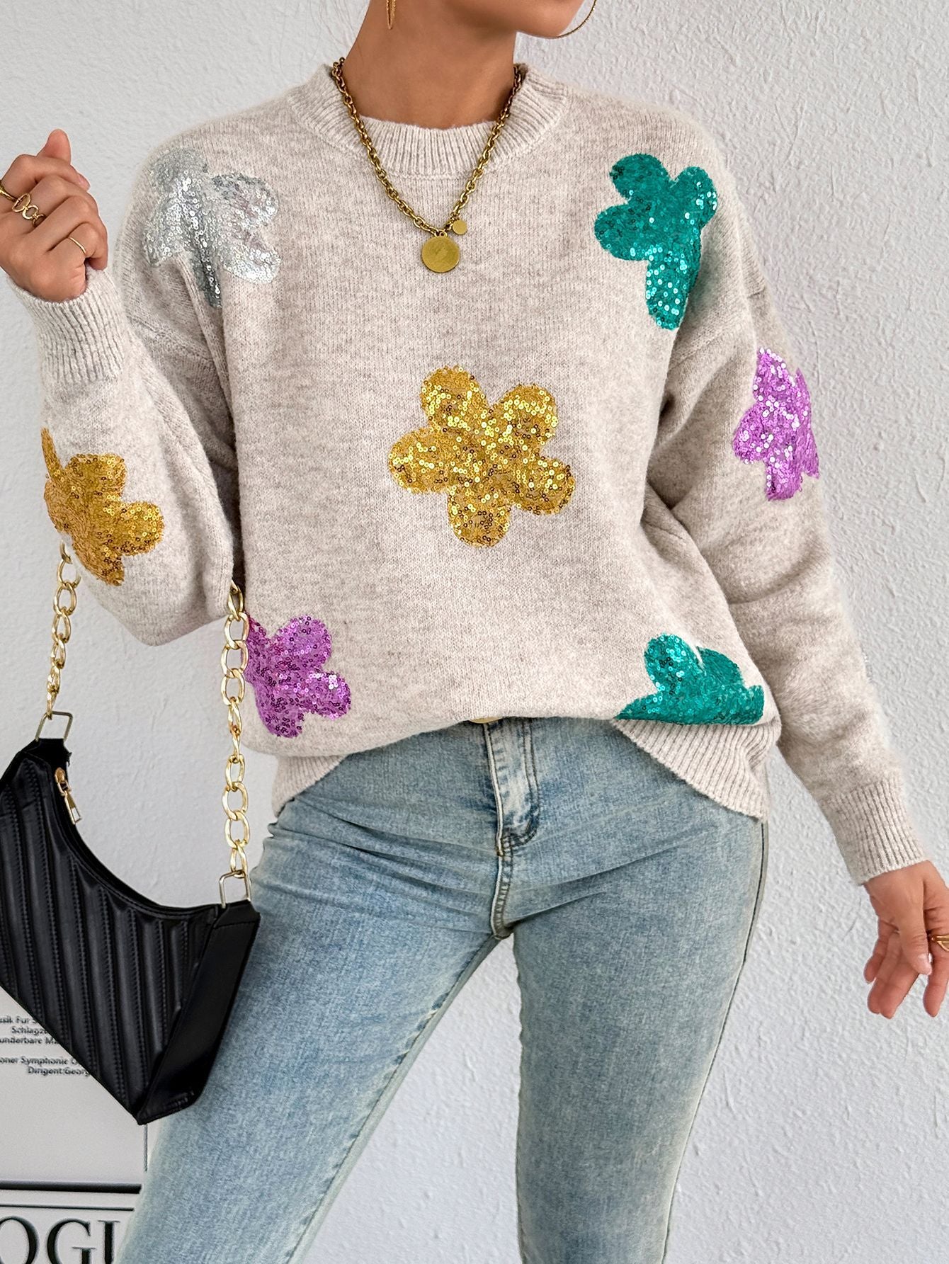 Damen Strickpullover mit glitzernden Blütenapplikationen WW