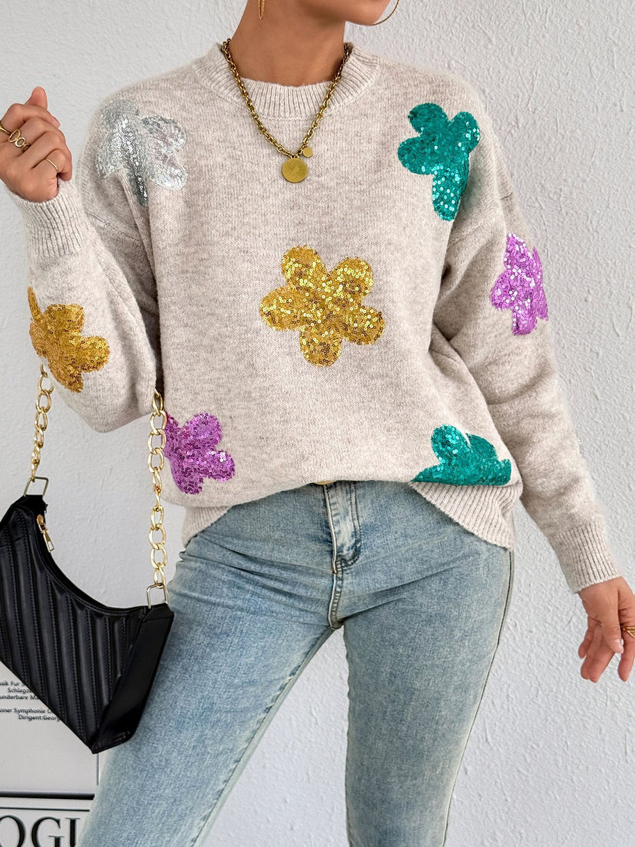 Damen Strickpullover mit glitzernden Blütenapplikationen WW