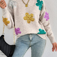 Damen Strickpullover mit glitzernden Blütenapplikationen WW
