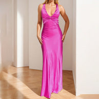 Damen Elegantes Maxikleid mit tiefem V-Ausschnitt und Raffung WW