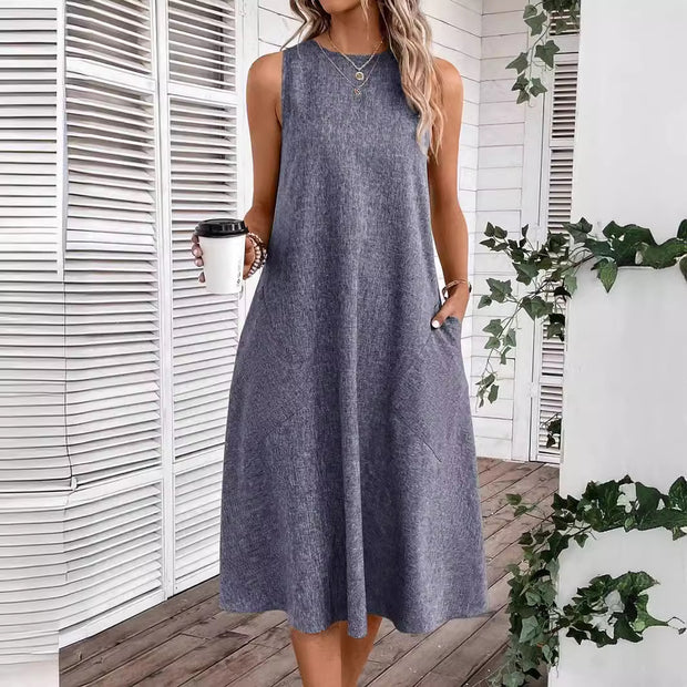 Damen lässiges Midi-Kleid mit tiefem Ausschnitt und praktischen Taschen WW