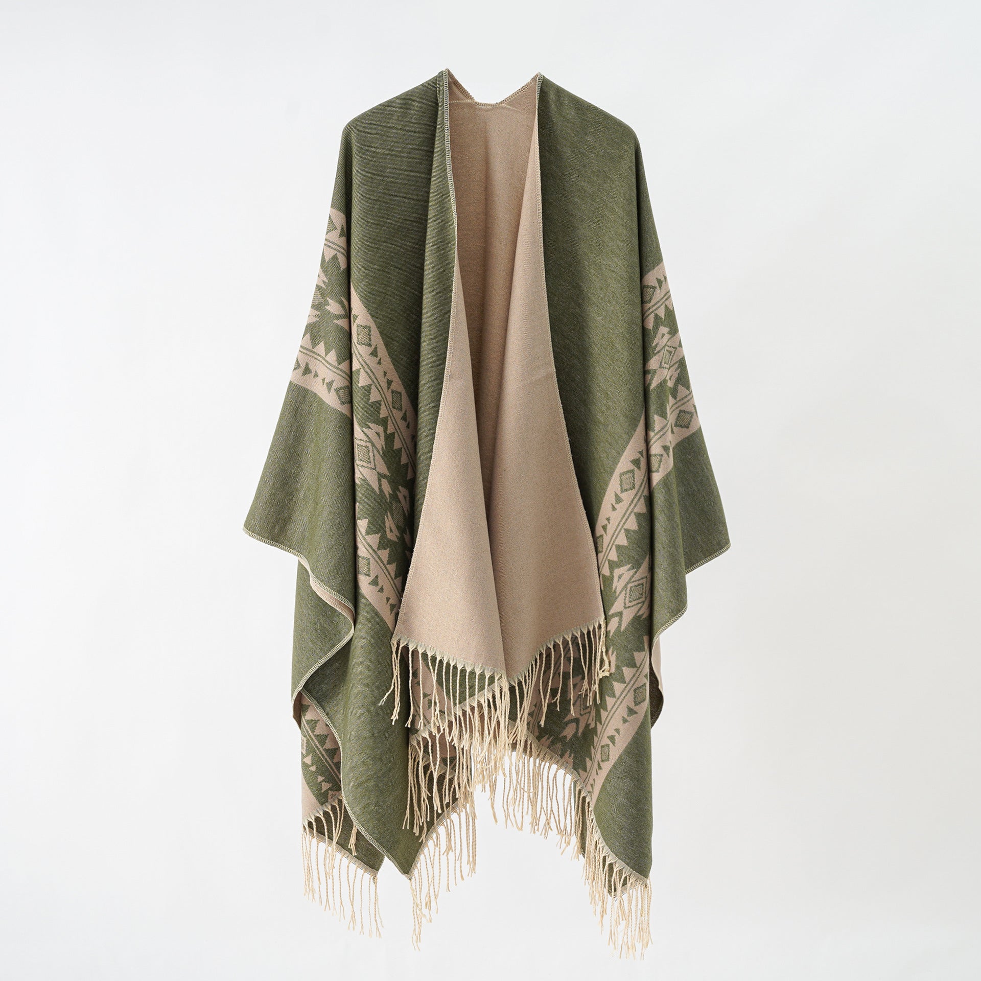 Damen eleganter Strickponcho mit kunstvollen Fransen und floralen Akzenten WW