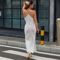 Damen Strick-Maxikleid mit raffiniertem Lochmuster und tiefem V-Ausschnitt WW