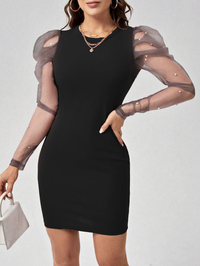 Damen Körperbetontes Kleid mit transparenten Puffärmeln und Perlenverzierungen WW