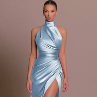WW | Brautjungfernkleid Satin Halter Offene Rückseite Ärmellos Elegant Hochzeit Cocktail Zeremonie Gast