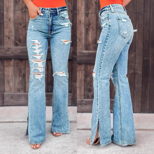 Damen Ripped Flared Jeans WW