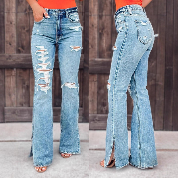 Damen Ripped Flared Jeans WW