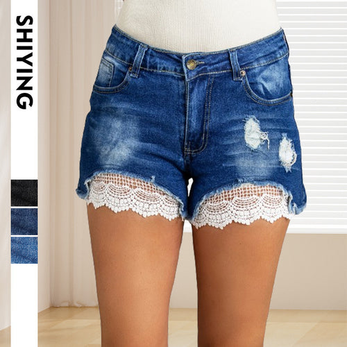 Damen Denim-Shorts mit Spitzendetails WW