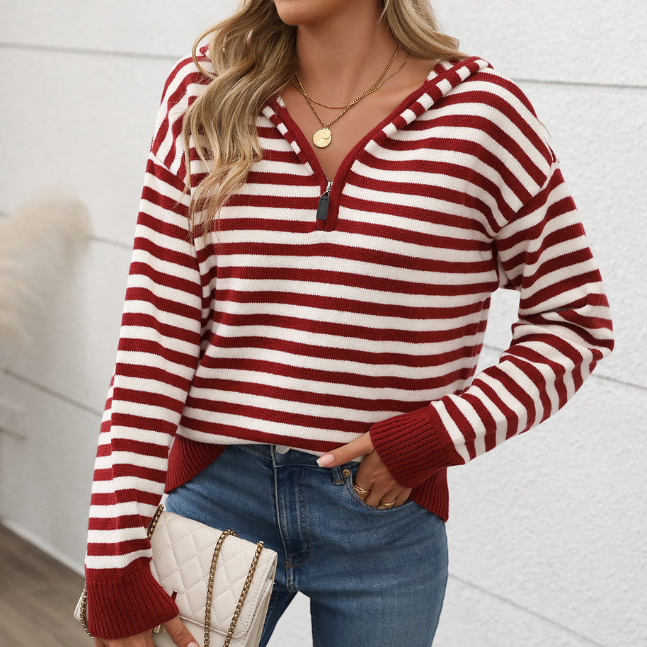 Damen gemütlicher Strickpullover mit modischem Reißverschluss und Streifenmuster WW