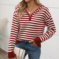 Damen gemütlicher Strickpullover mit modischem Reißverschluss und Streifenmuster WW