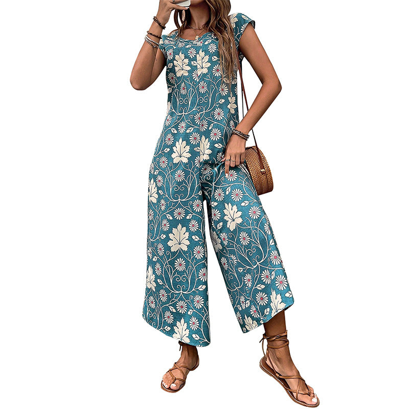 Damen Jumpsuit mit floralem Design und kastanienbraunem Bindegürtel WW