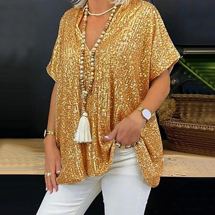 Damen Funkelndes Oberteil mit elegantem V-Ausschnitt und leichtem Schnitt W&W Mode