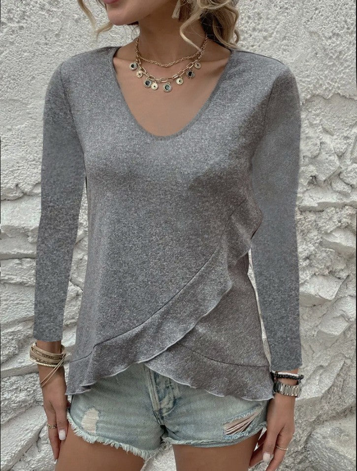 Damen Raffiniertes V-Ausschnitt Oberteil mit asymmetrischem Saum WW