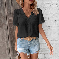 Damen Kurzarmbluse mit Spitzenbesatz und strukturiertem Design WW