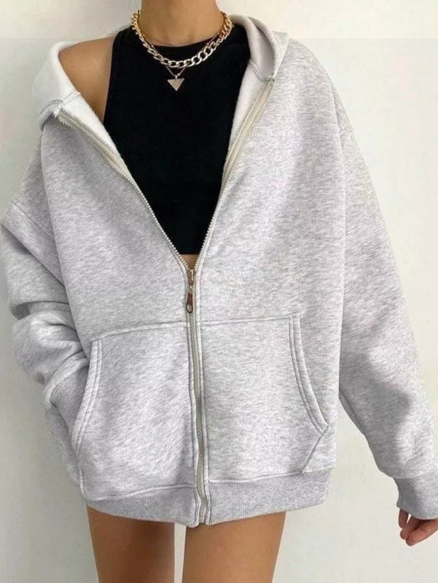Damen oversized Kapuzenpullover mit Reißverschluss und praktischen Taschen WW