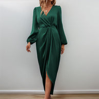 Damen Elegantes Maxikleid mit tiefem V-Ausschnitt und Ballonärmeln WW