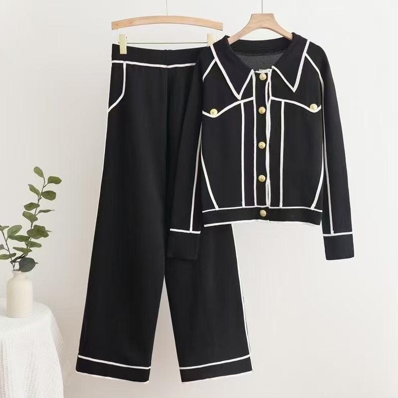 Damen stilvolles Freizeitanzug-Set mit kontrastierendem Knopfdesign WW
