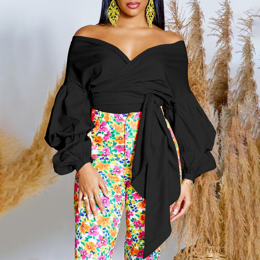 Damen Wickelbluse mit voluminösen Ärmeln und eleganter Schleifenbindung WW