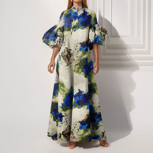 Damen Maxi-Kleid mit Volantärmeln und abstraktem Muster W&W Mode