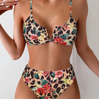 Damen Hochsitzt Bikini mit floralem Muster und leichtem Push-Up Effekt WW