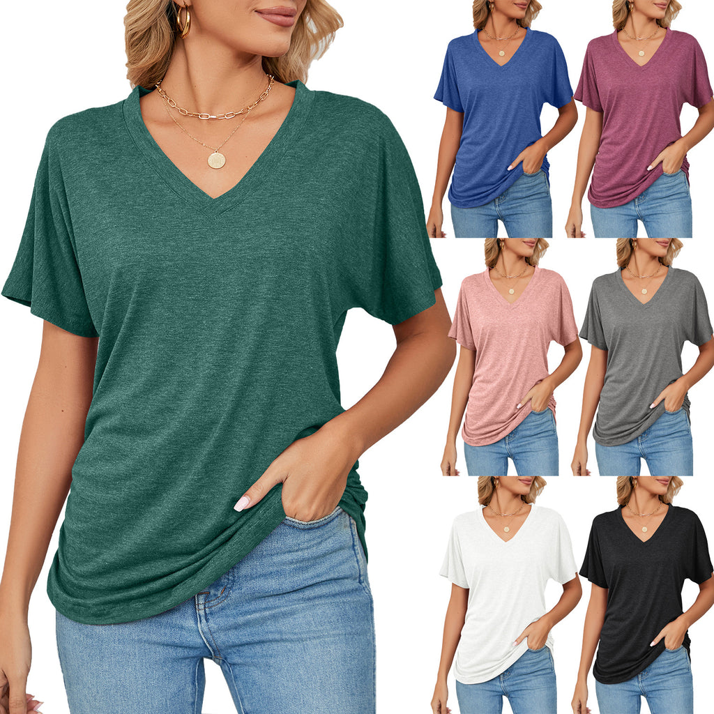 Damen V-Ausschnitt T-Shirt mit lockerem Schnitt und seitlichen Raffungseffekten WW