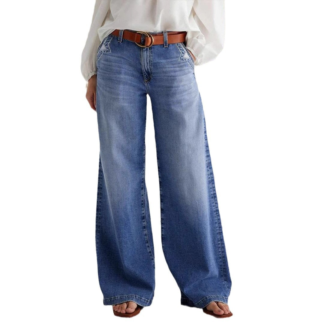 Damen weit geschnittene Jeanshose mit hohem Bund und eleganten Nähdetails W&W Mode