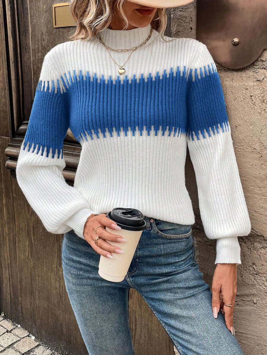 Damen Strickpullover mit lässigem Stehkragen und geometrischem Rippmuster WW