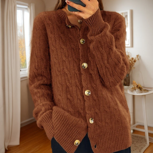 Damen Kaschmir Strickjacke mit Knopfverschluss und strukturiertem Zopfmuster WW