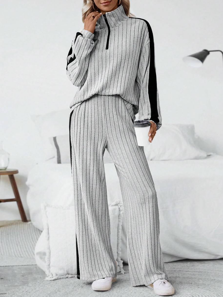 Damen bequemer Loungewear-Set mit strukturiertem Stoff und Halbzip WW
