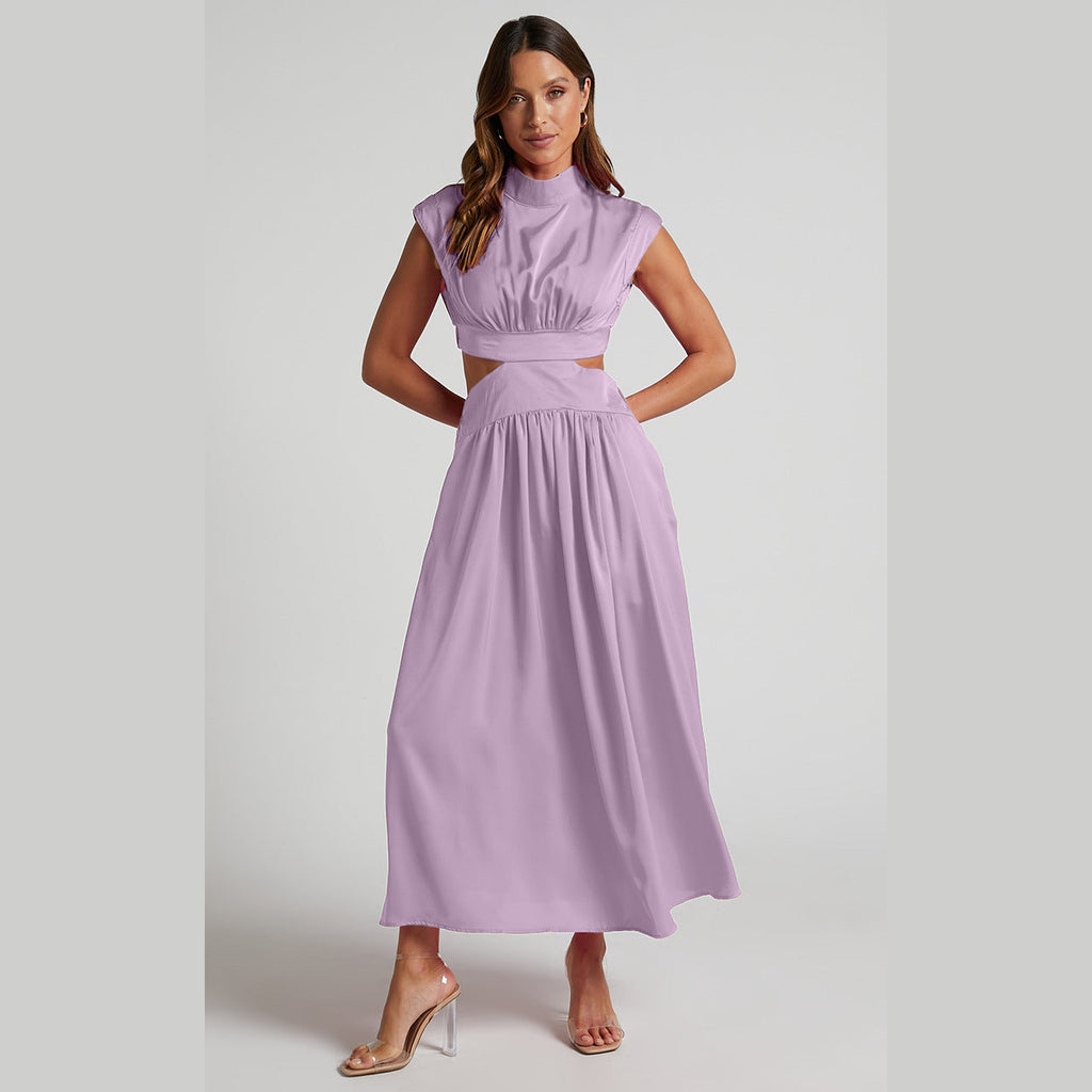 WW | Sweet Street Sommer Stehkragen Einfarbig Gekürztes Outfit Maxi Kleid