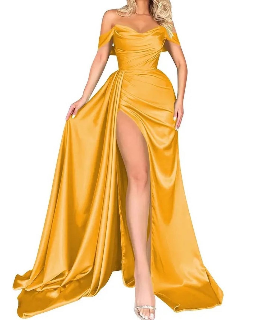 Damen Off-Shoulder Abendkleid mit hohem Beinschlitz und voluminösem Rock W&W Mode