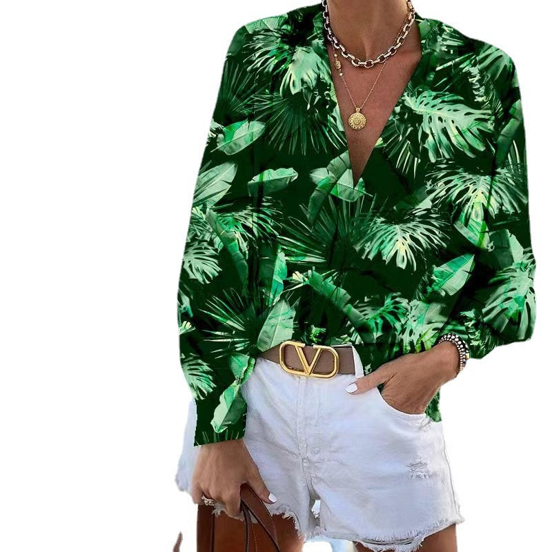 Damen Bluse mit floralem Muster und tiefem V-Ausschnitt WW