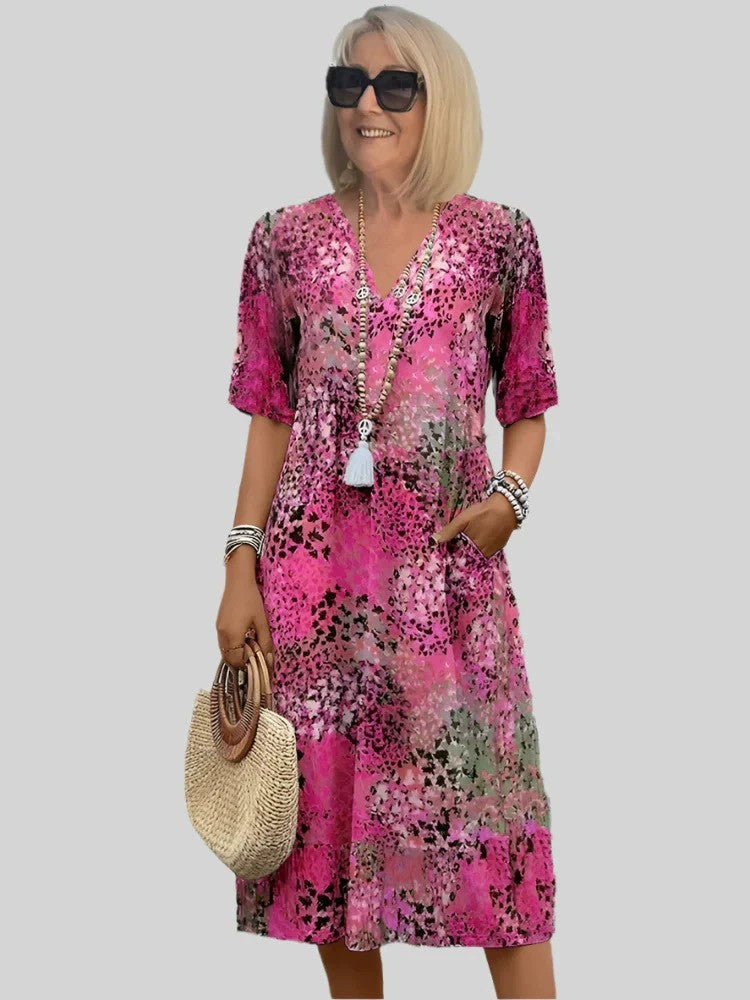 Damen lockeres Sommerkleid mit V-Ausschnitt und Taschen
