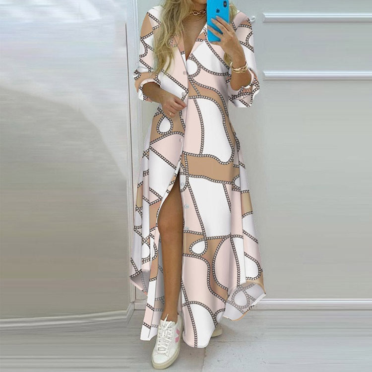 Damen Langarmhemdmaxikleid mit grafischem Muster und seitlichem Schlitz WW