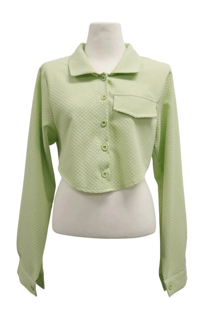 Damen lässiges geknöpftes Crop-Shirt mit Strukturmuster und aufgesetzter Tasche WW